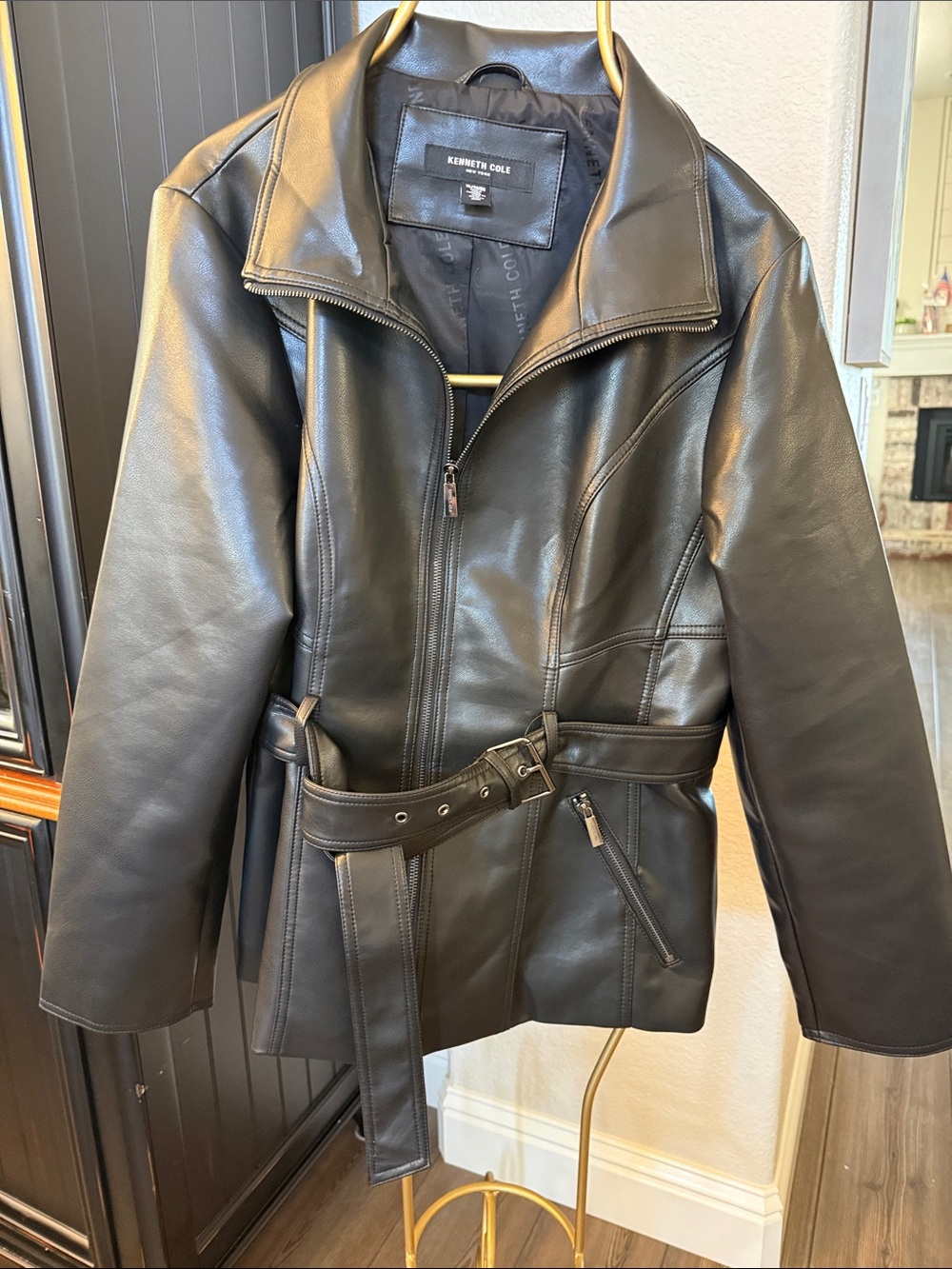 Kenneth Cole Black Faux Leather Zip Belted Jacket